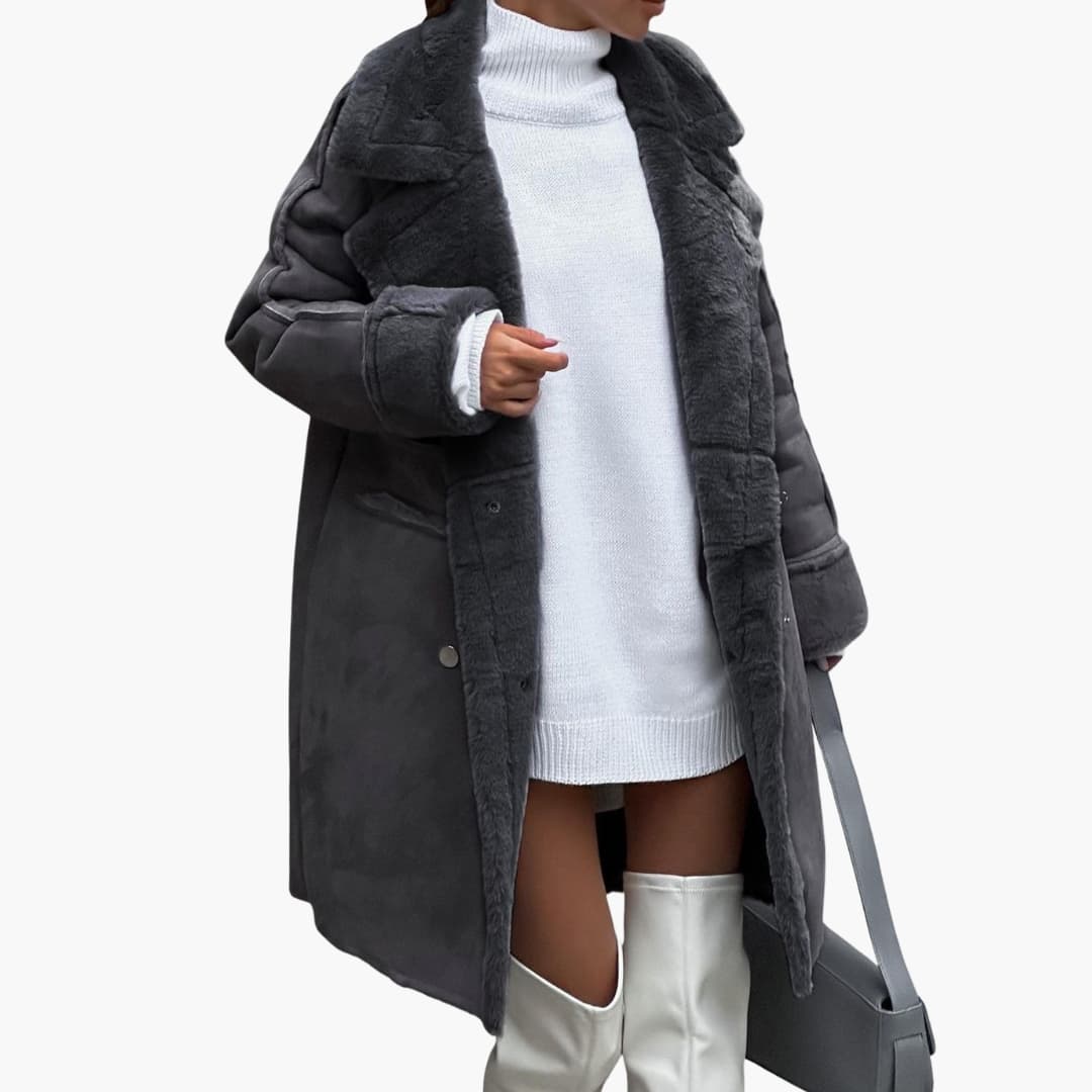 Stylish women's long coat with a lapel collar and front button closure