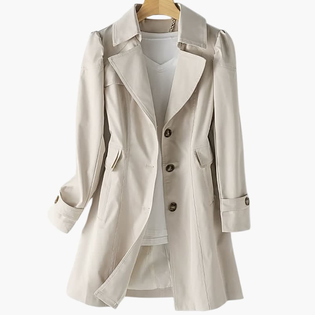 Elegant long women's trench coat with button closure
