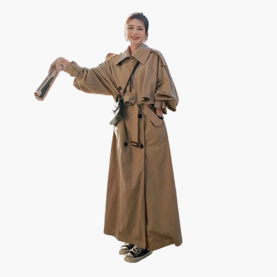 Elegant women's trench coat with a double-breasted button placket