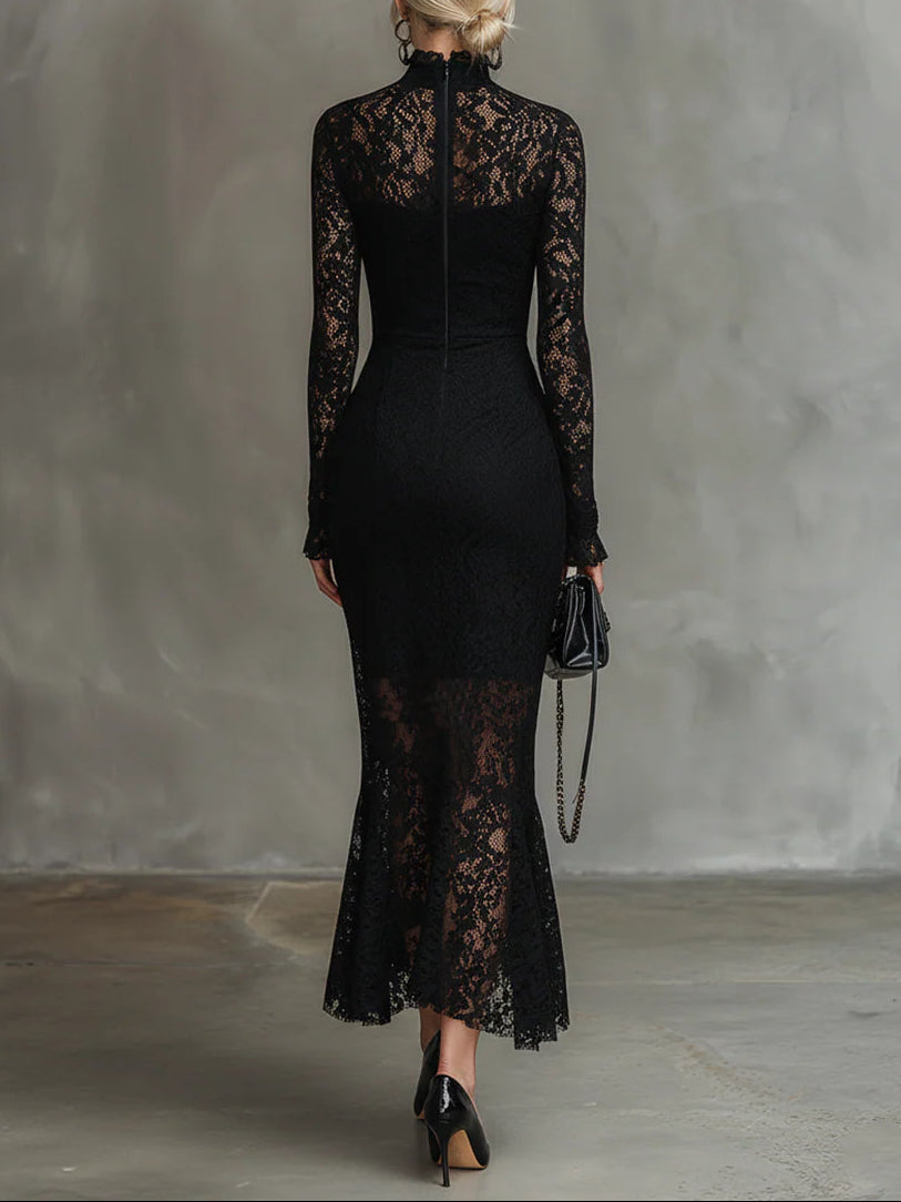 Elwira | Elegant Black Lace Maxi Dress – Timeless Evening Gown