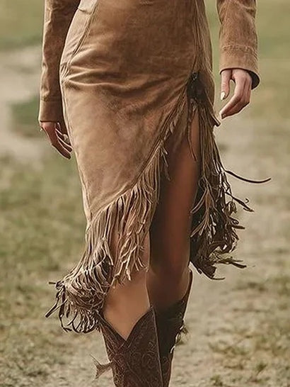 Suede midi dress with long sleeves and irregular fringes