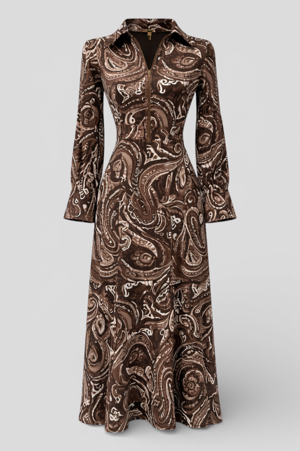 Elegant Vintage Maxi Dress with Paisley Pattern and Zipper