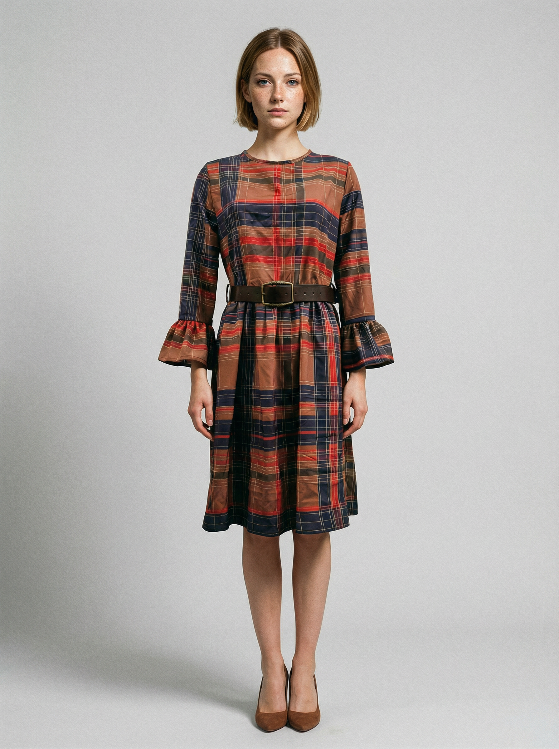Midi round-neck dress draped with color blocks and plaid pattern (with belt)