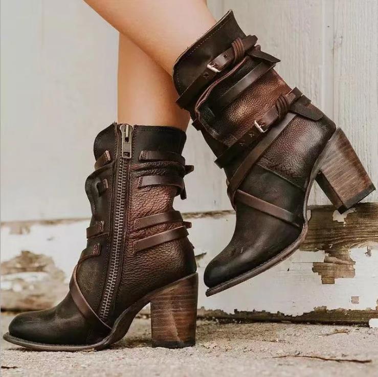 Women's Leather Ankle Boots with Slouchy Distressed Finish, Buckle Strap Details & a Block Heel