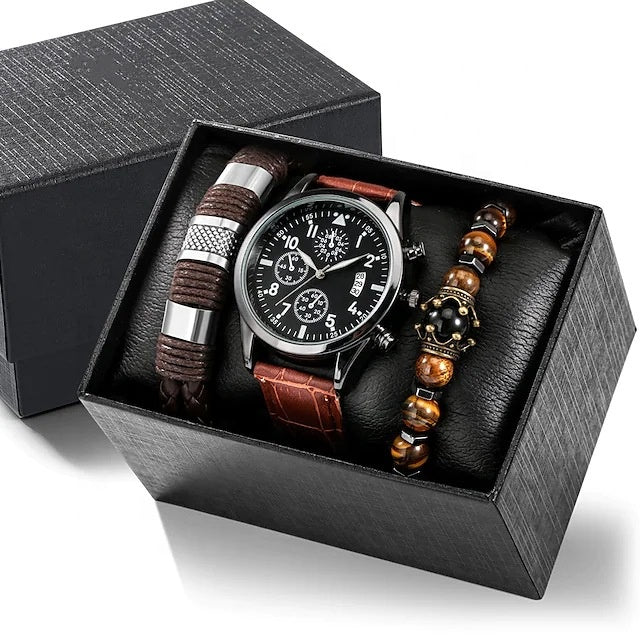 Luxury Signature Quartz Leather Watch & Bracelet Set for an Elegant Look