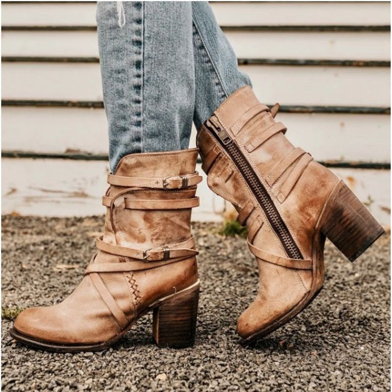 Women's Leather Ankle Boots with Slouchy Distressed Finish, Buckle Strap Details & a Block Heel