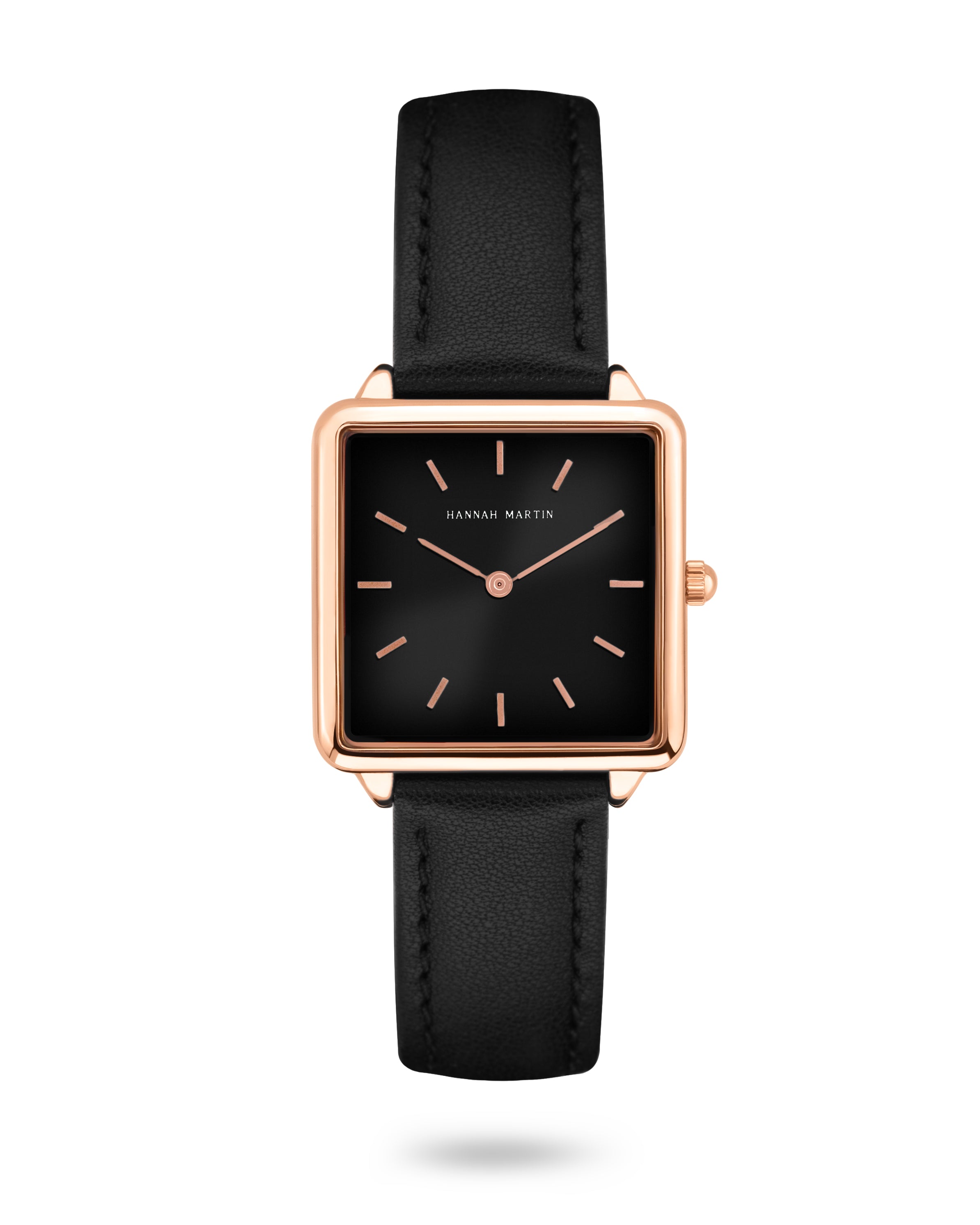 Elegant Noir Square Watch with Rose Gold Finish, Stylish Black Dial, and Luxury Black Leather Strap