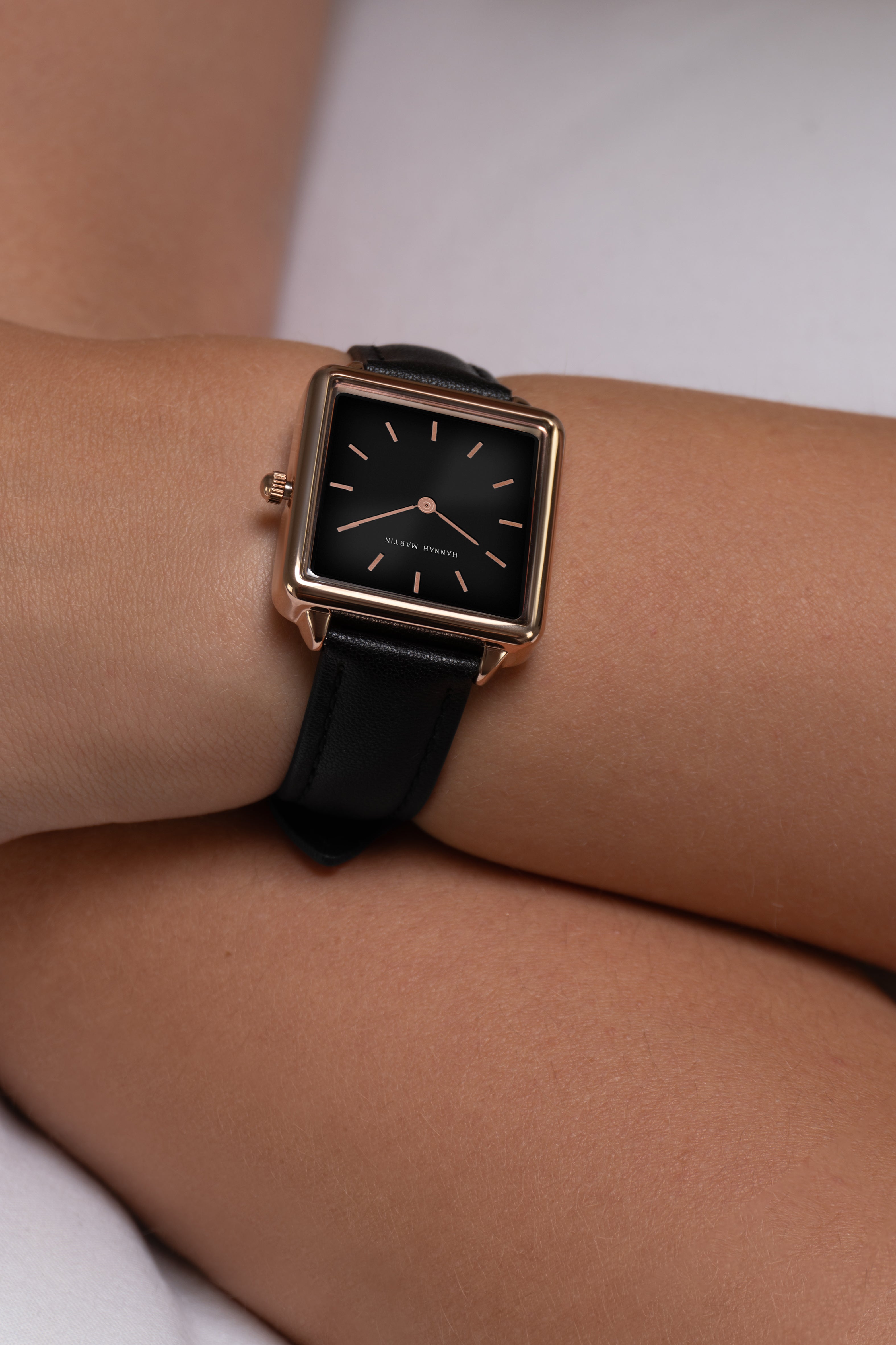 Elegant Noir Square Watch with Rose Gold Finish, Stylish Black Dial, and Luxury Black Leather Strap