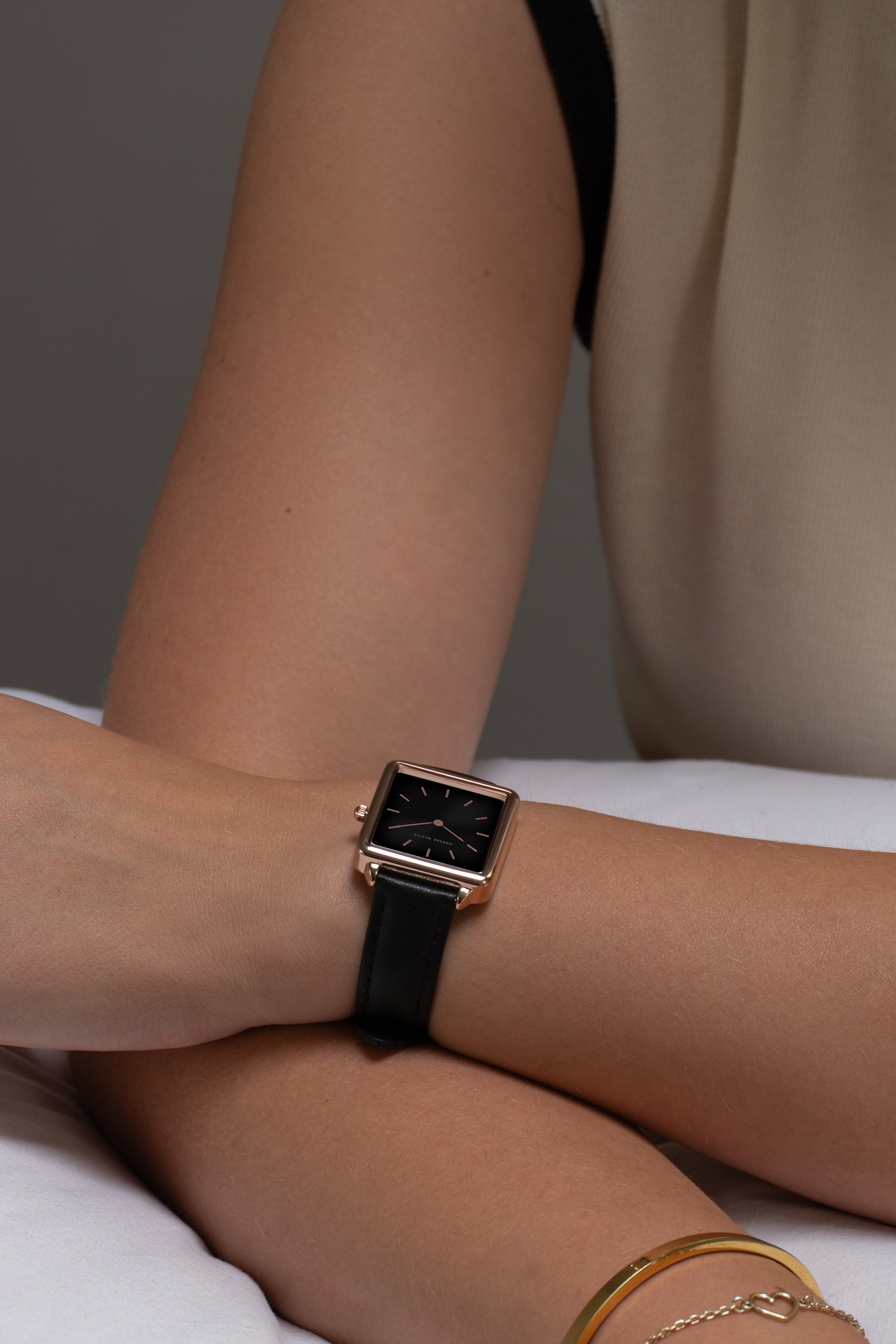 Elegant Noir Square Watch with Rose Gold Finish, Stylish Black Dial, and Luxury Black Leather Strap