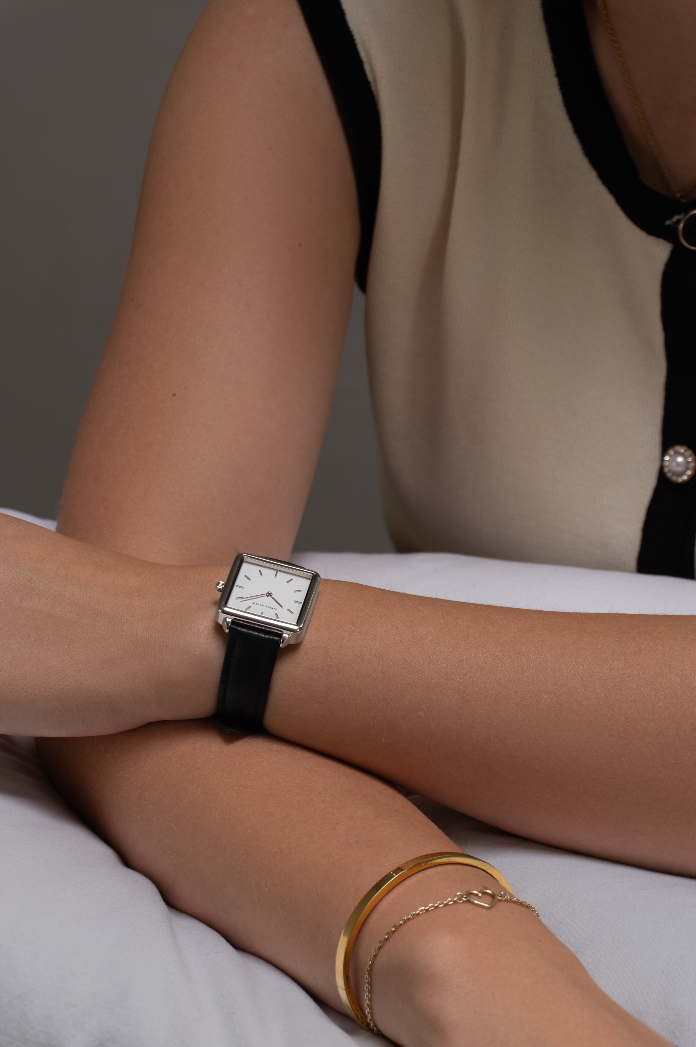 Stylish Celeste Square Watch in Silver with Elegant White Dial and Luxury Black Leather Band