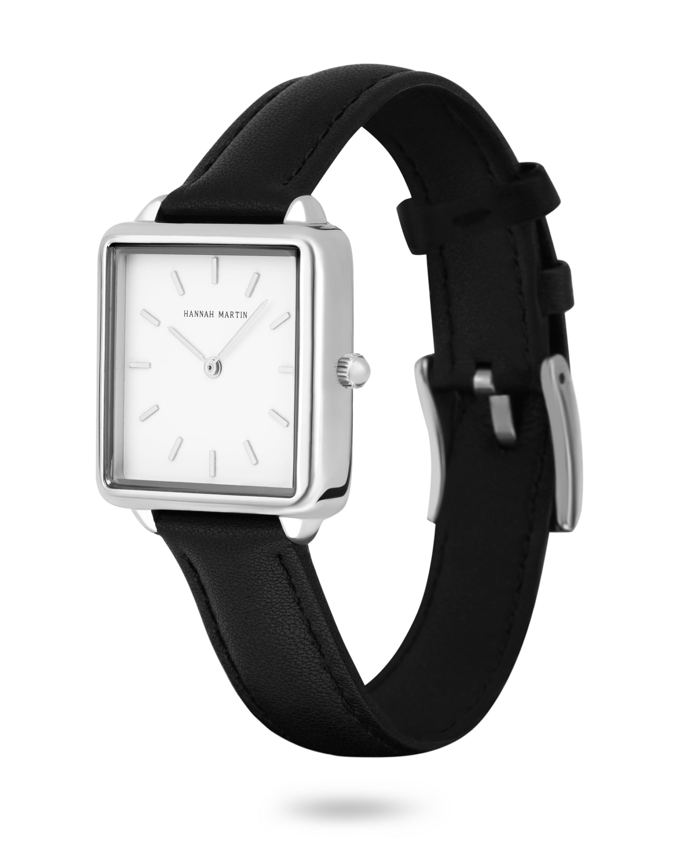 Stylish Celeste Square Watch in Silver with Elegant White Dial and Luxury Black Leather Band