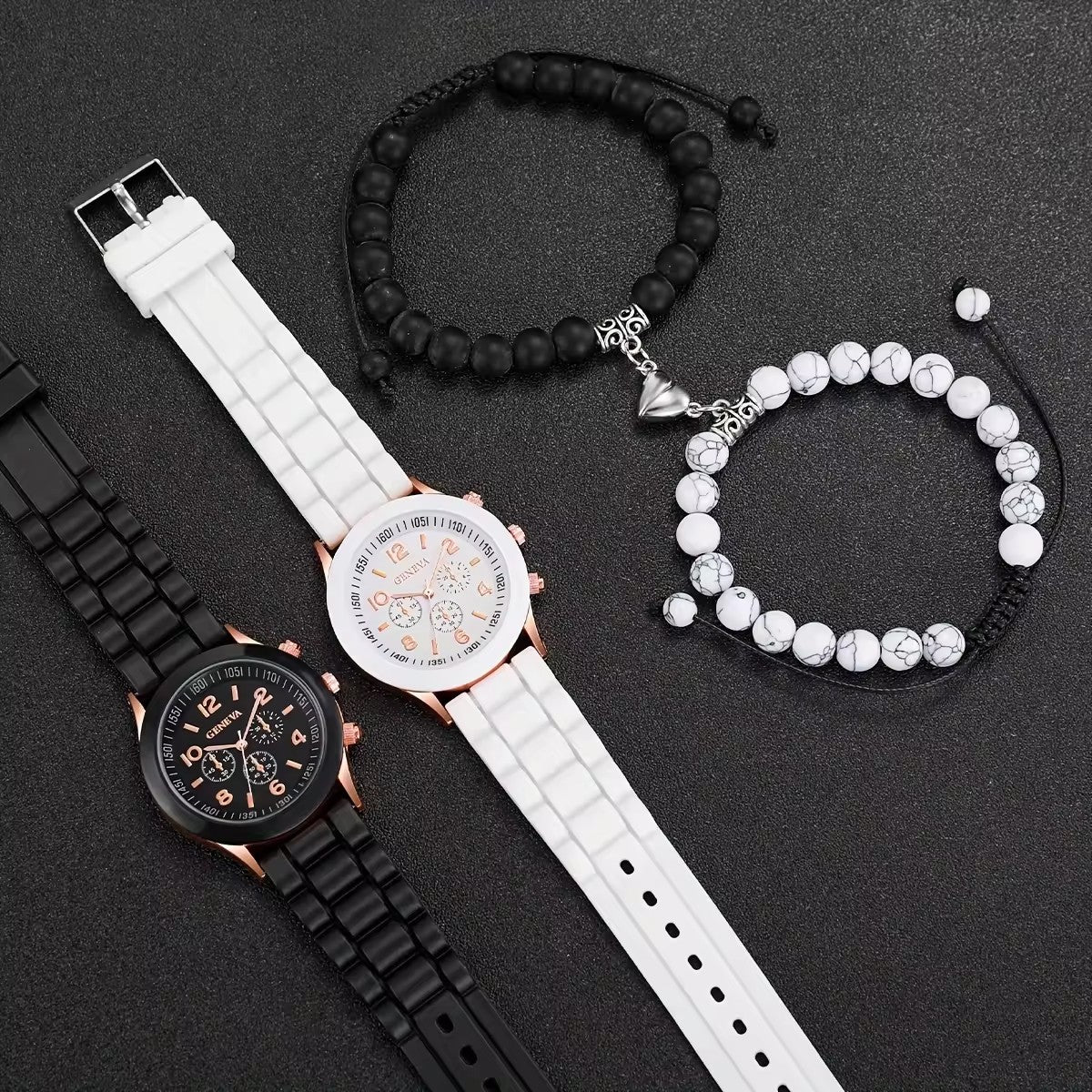 Quartz watch set with a classic silicone strap and matching bracelet