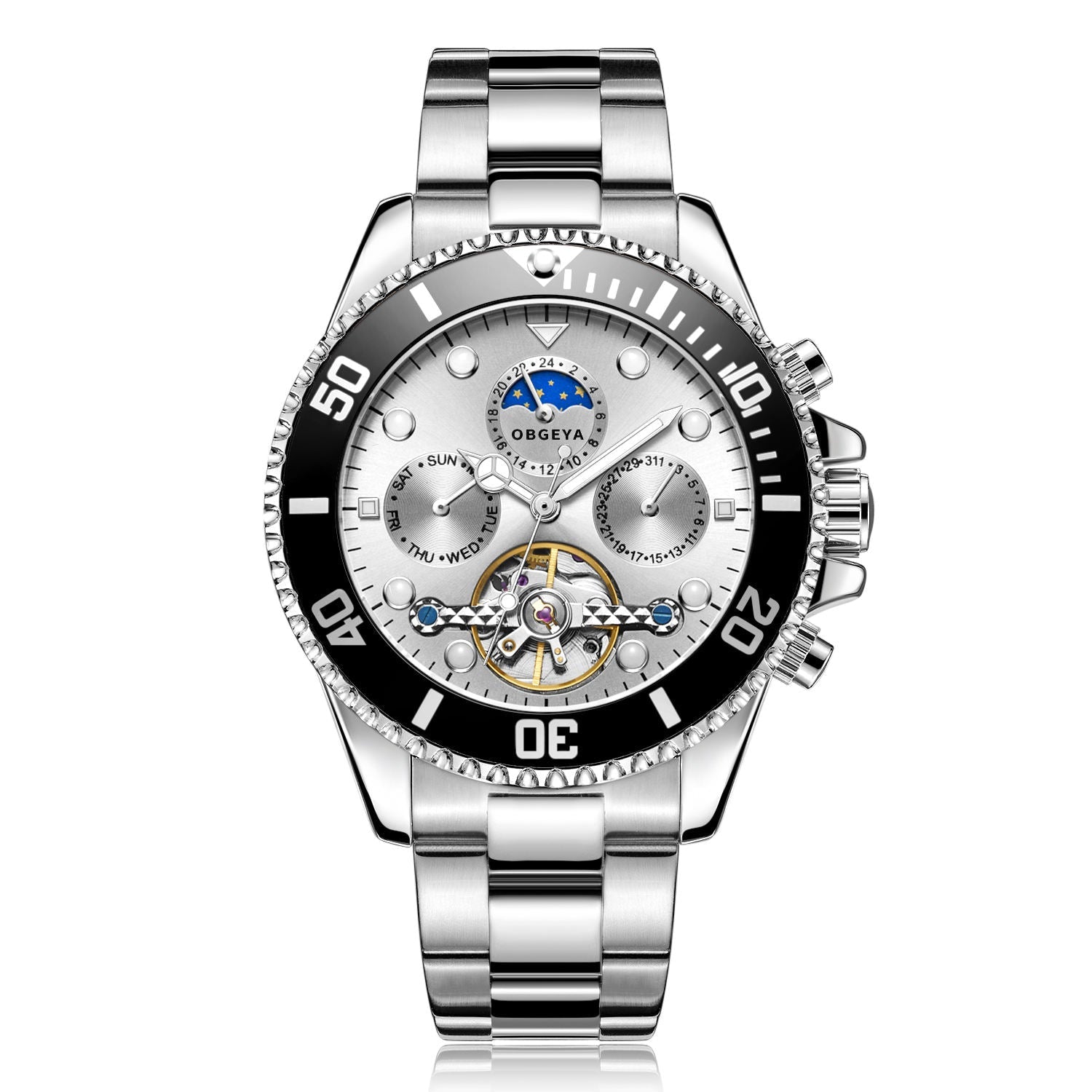 Automatic stainless steel wristwatch with elegant tourbillon