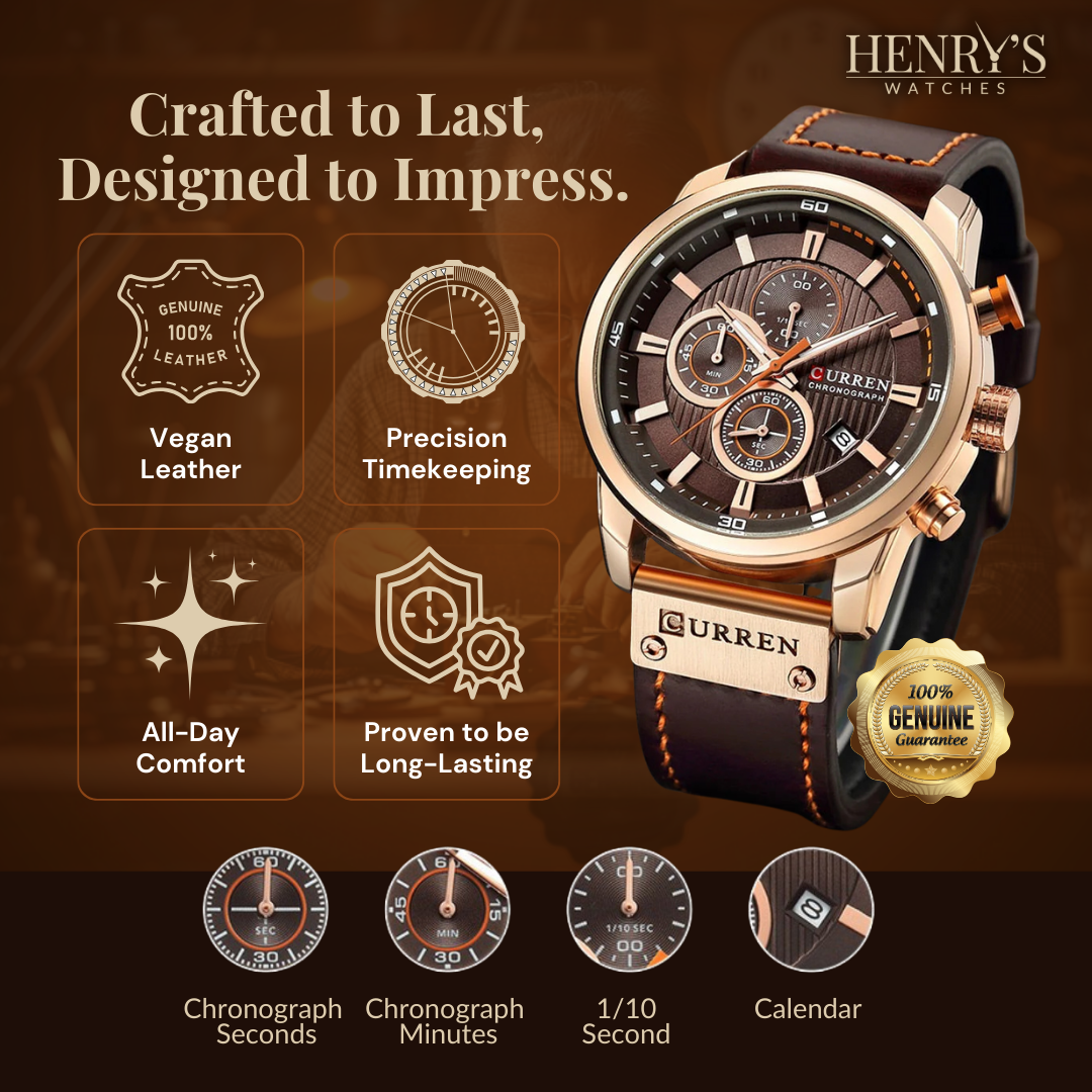 Watch with elegant quartz movement and noble leather strap