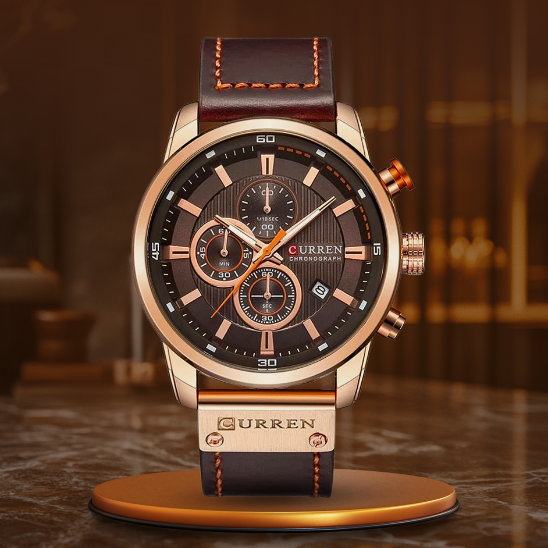 Watch with elegant quartz movement and noble leather strap