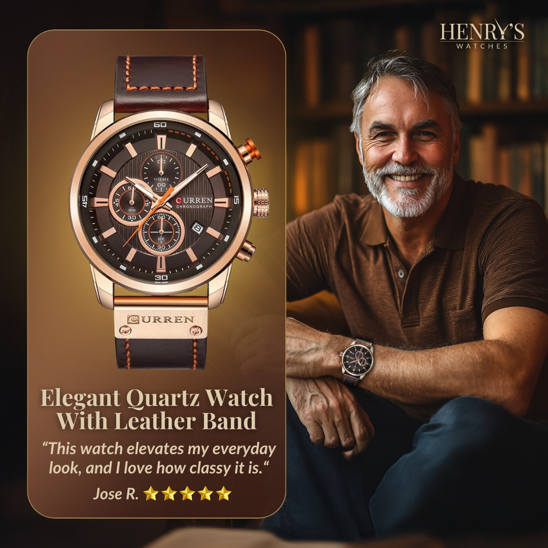 Watch with elegant quartz movement and noble leather strap