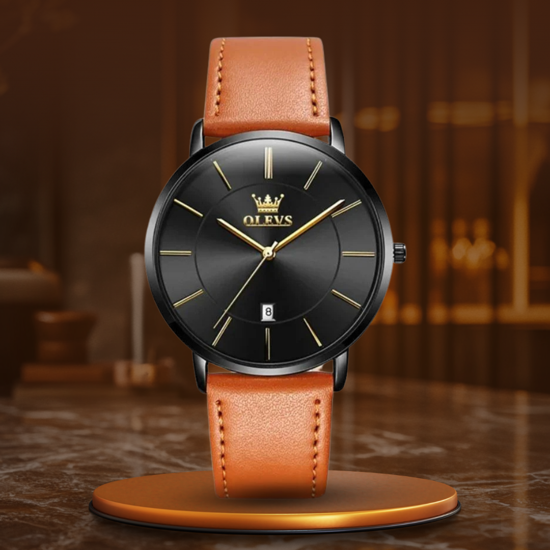 Elegant leather strap date watch