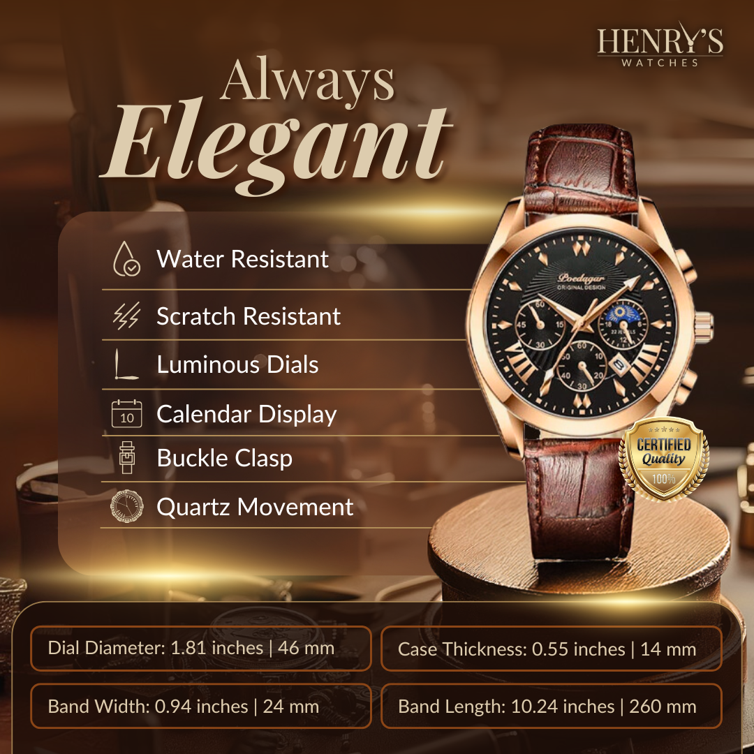 Watch with elegant leather strap and luxurious design