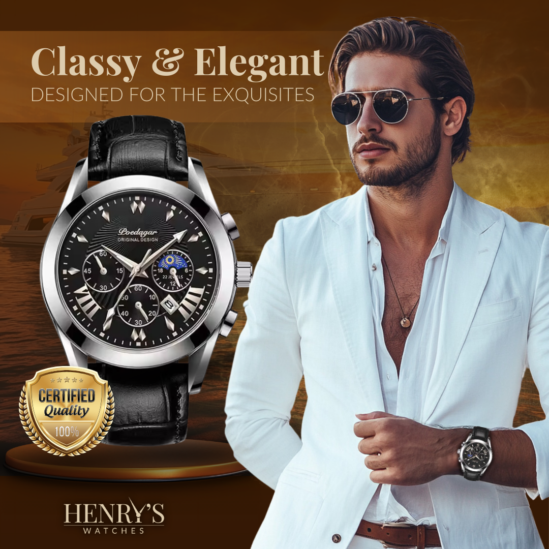 Watch with elegant leather strap and luxurious design