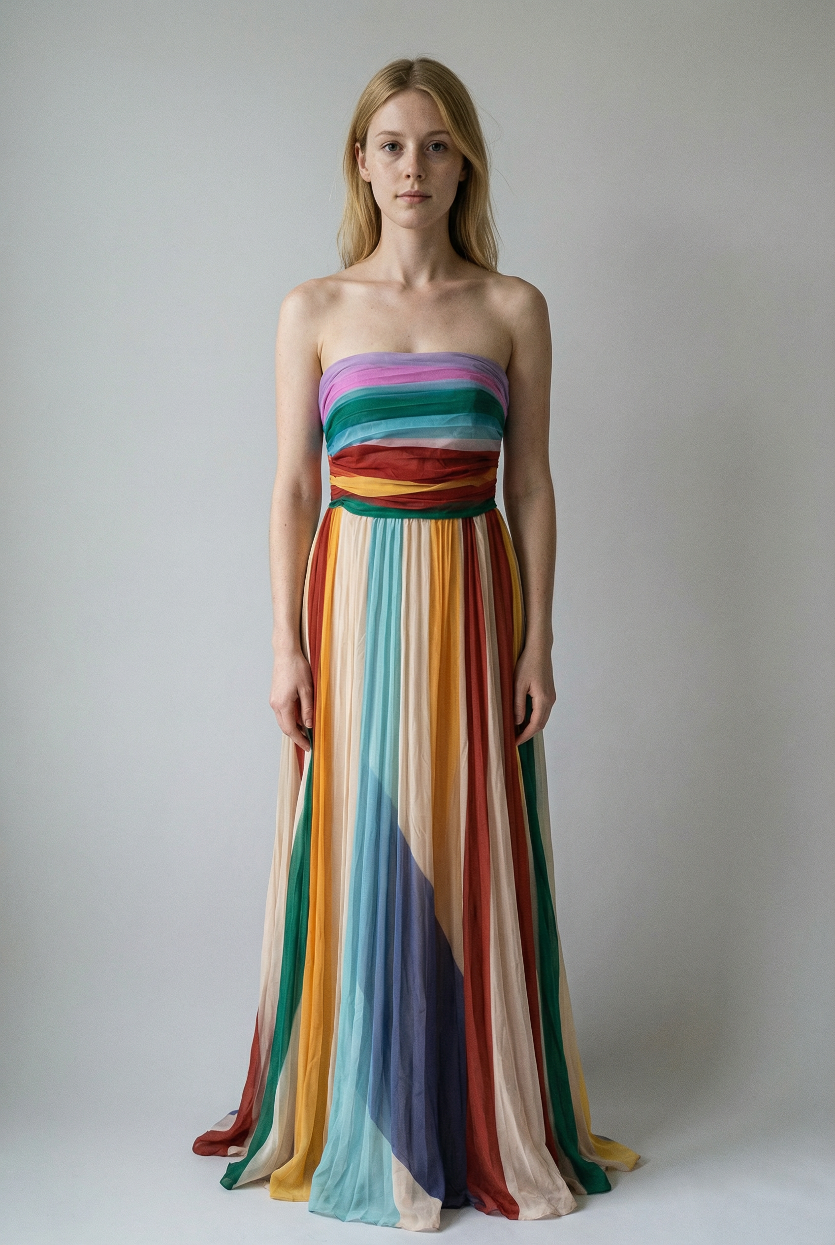 Elegant striped pleated long dress with off-the-shoulder design for a sophisticated look