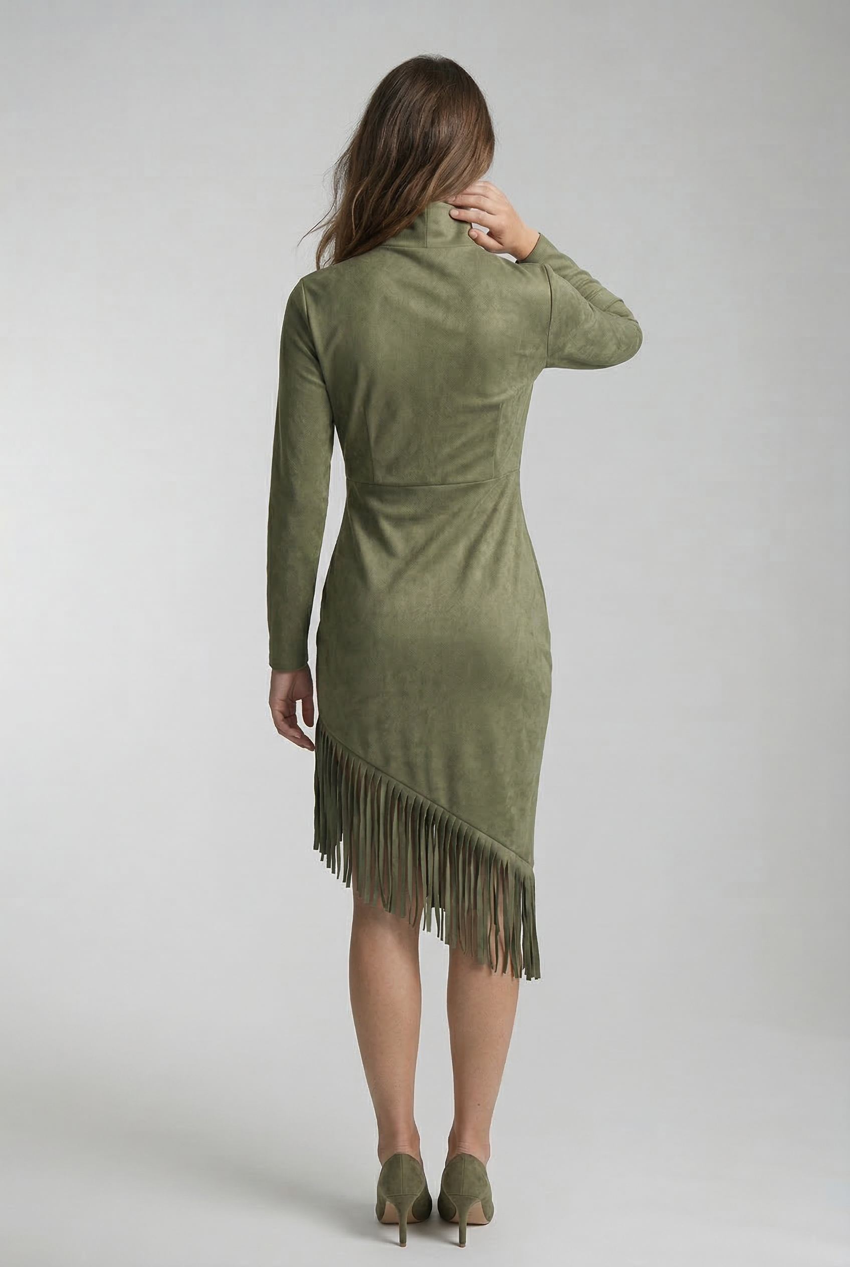 Olive Green Stretch Turtleneck Top & Faux Suede Maxi Skirt Set (Includes Belt)