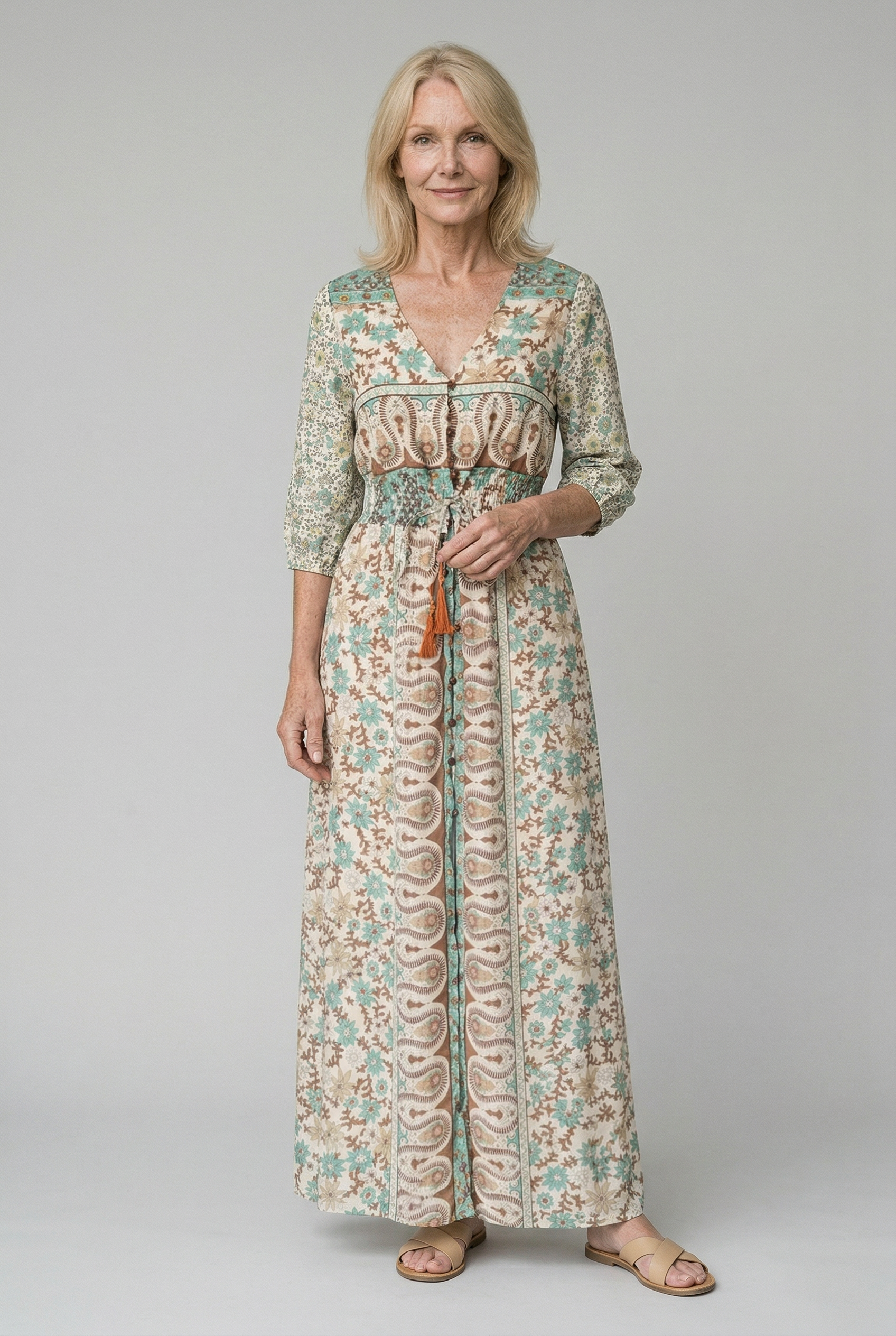 Bohemian Long Maxi Dress with Western Style Print and Slit