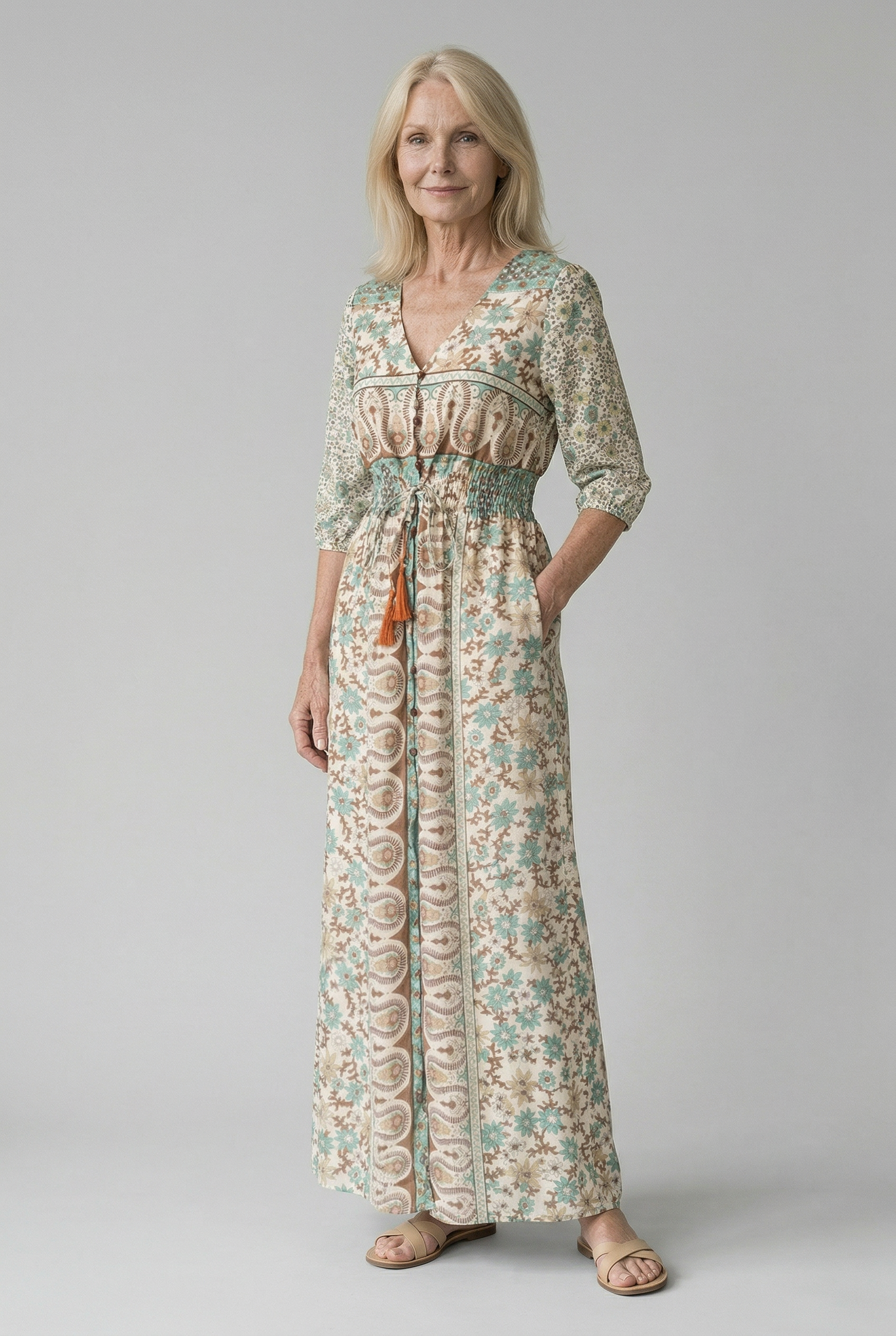 Bohemian Long Maxi Dress with Western Style Print and Slit