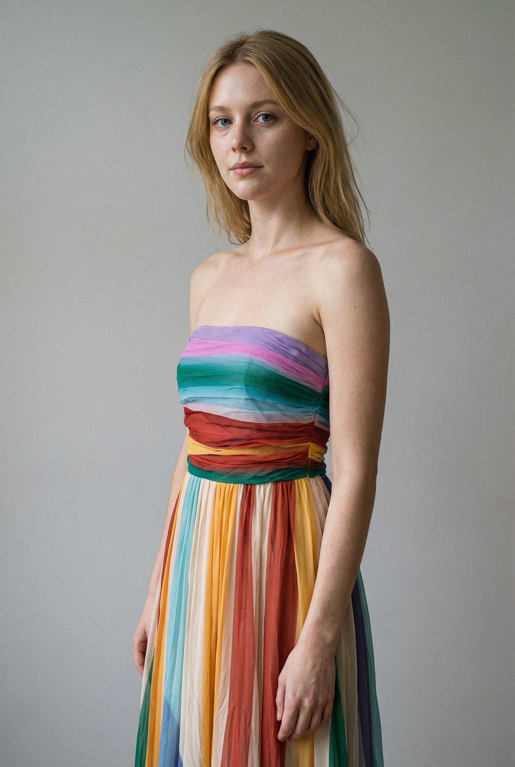 Elegant striped pleated long dress with off-the-shoulder design for a sophisticated look
