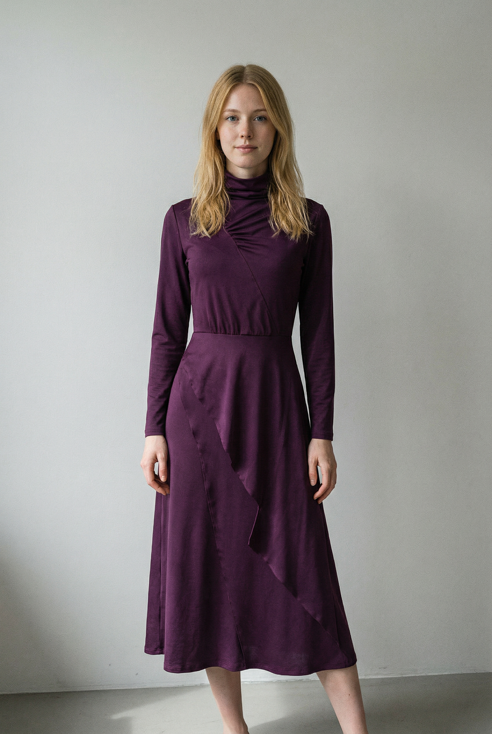 Pink Maxi Asymmetric Dress with High Collar and Pleats