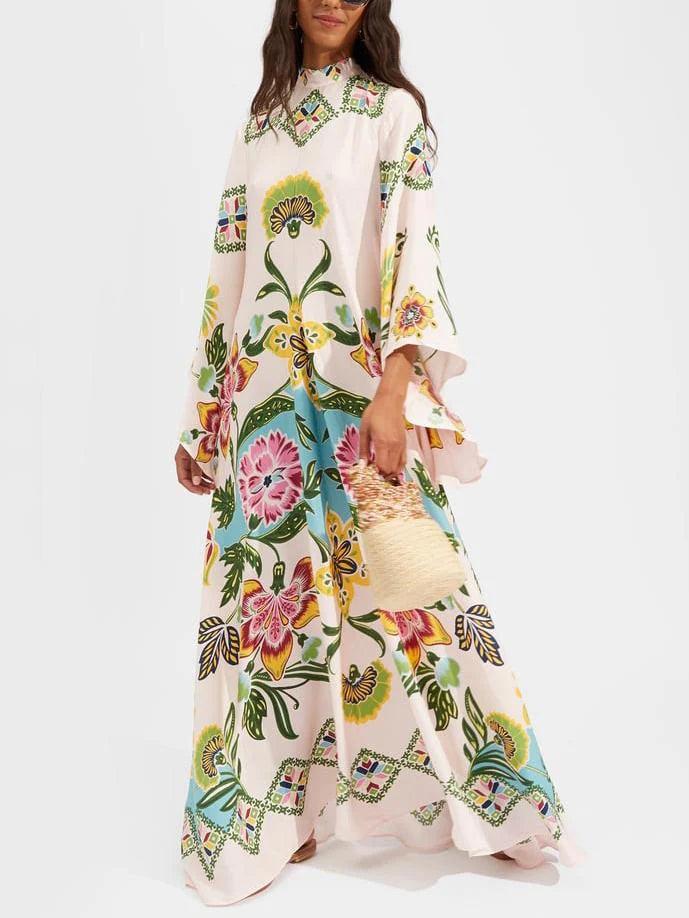 Elegant flowing long dress with sunny floral pattern