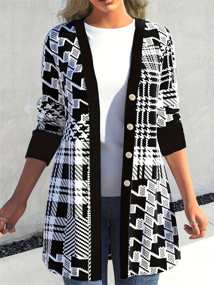 Sleek Geo-Print Cardigan — Modern Geometric Chic