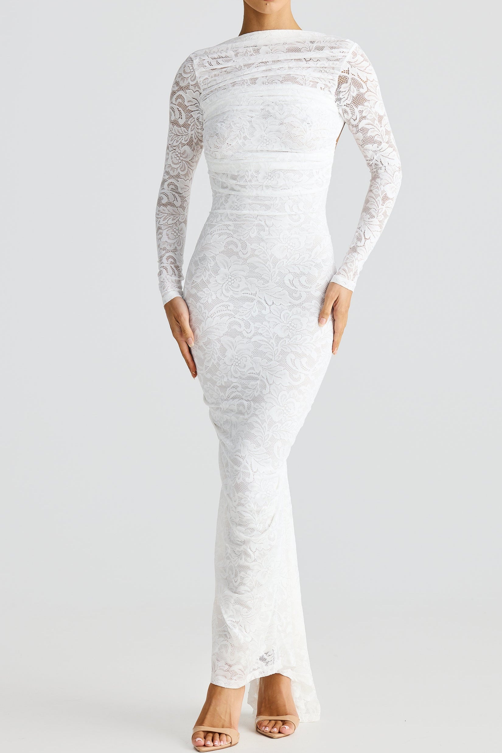 Elegant Hollowed Lace Long Sleeve Backless Maxi Dress - Perfect for Special Occasions