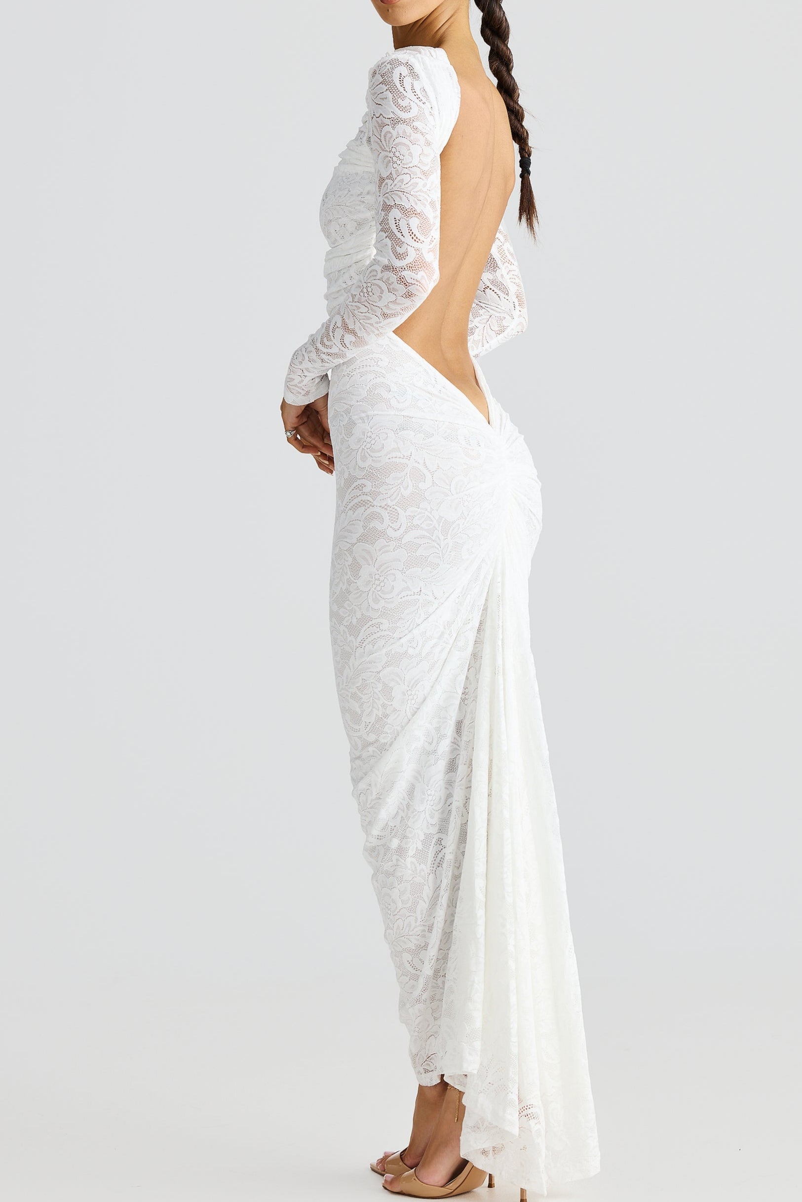 Elegant Hollowed Lace Long Sleeve Backless Maxi Dress - Perfect for Special Occasions