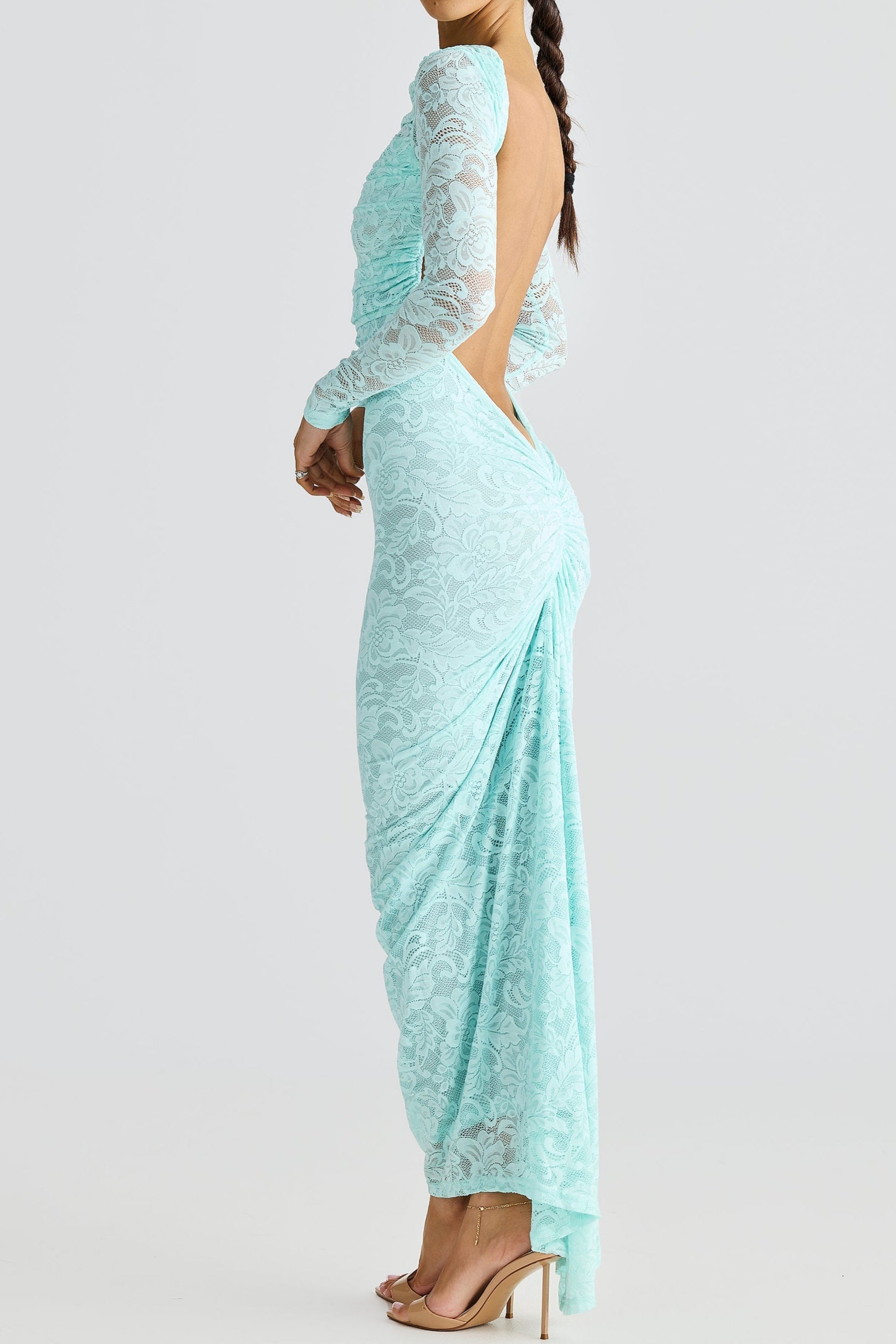 Elegant Hollowed Lace Long Sleeve Backless Maxi Dress - Perfect for Special Occasions