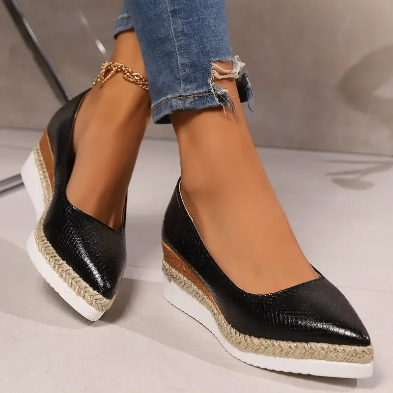 Mireya – Elegant pointed shiny wedge sandals for sophisticated comfort