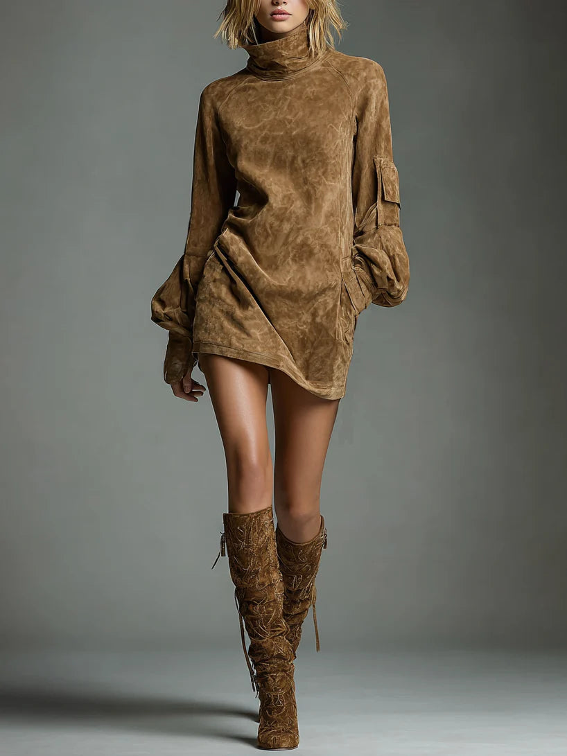 Mavie | Locker cut suede dress with stand-up collar 0