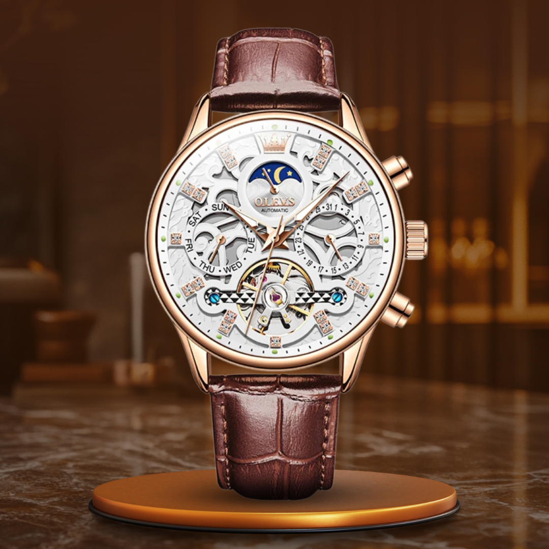 Elegant Automatic Mechanical Watch with Leather Strap