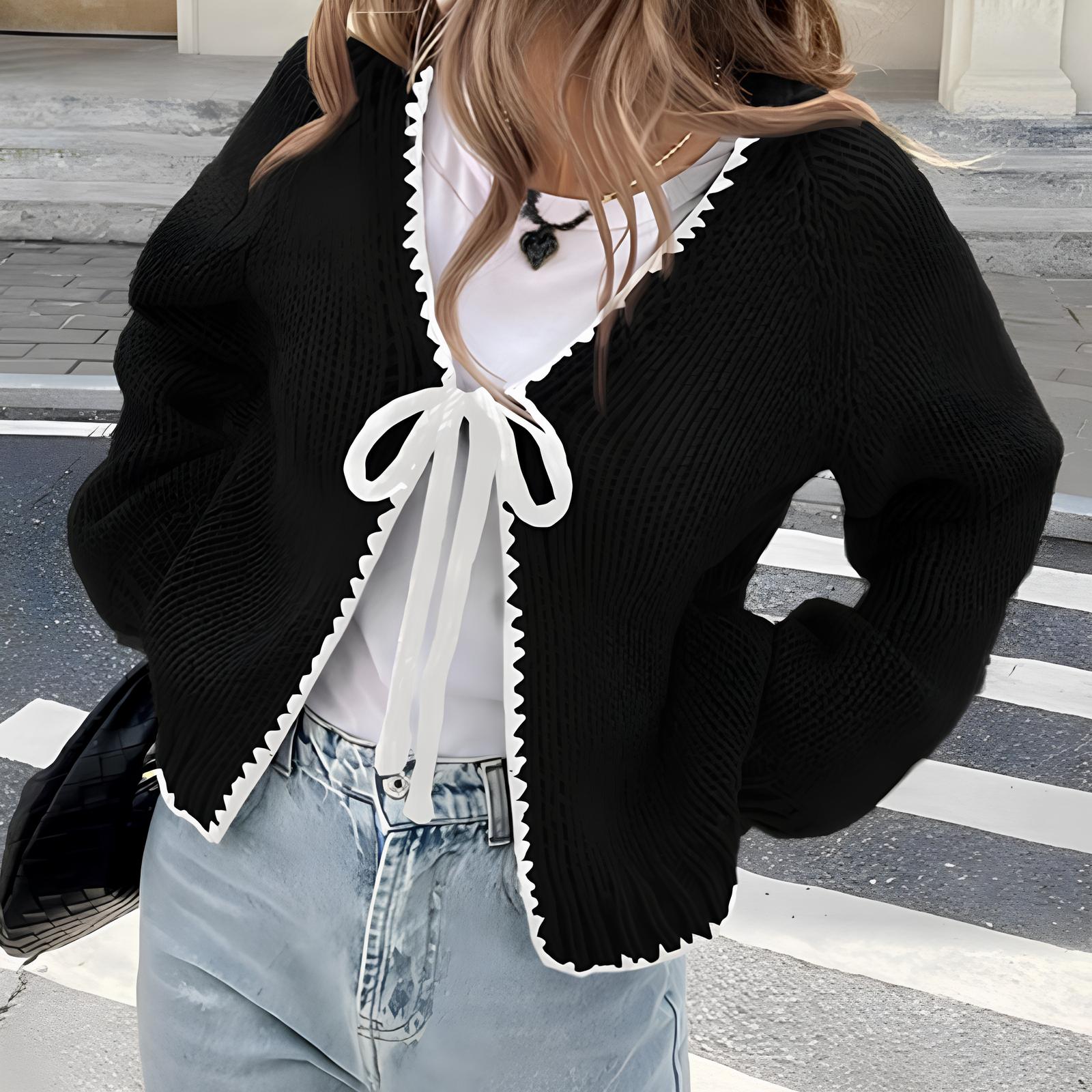 Chic Long-Sleeve Open-Front Cardigan with Ribbon Detail
