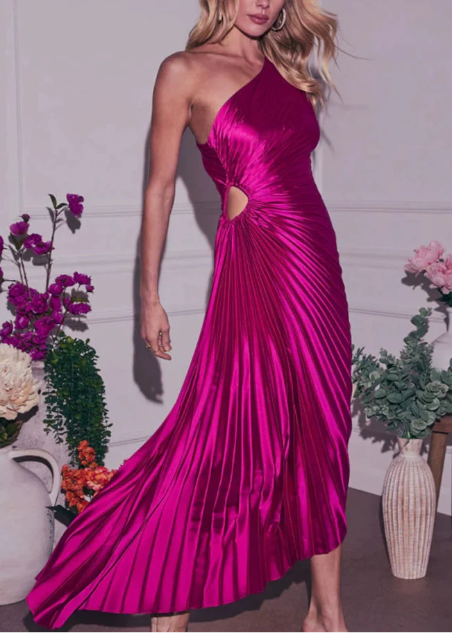 Elegant Glam Pleated One-Shoulder Asymmetrical Maxi Dress
