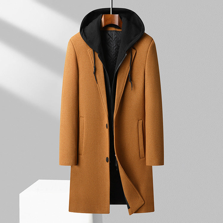 Men's Stylish Long Wool Blend Coat with Hood and Classic Button Front