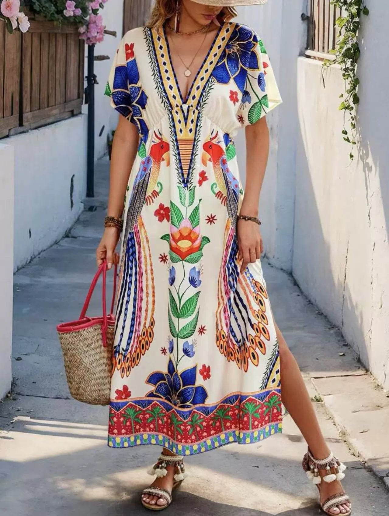 Loose short-sleeve printed maxi dress with V-neckline for a casual and elegant style