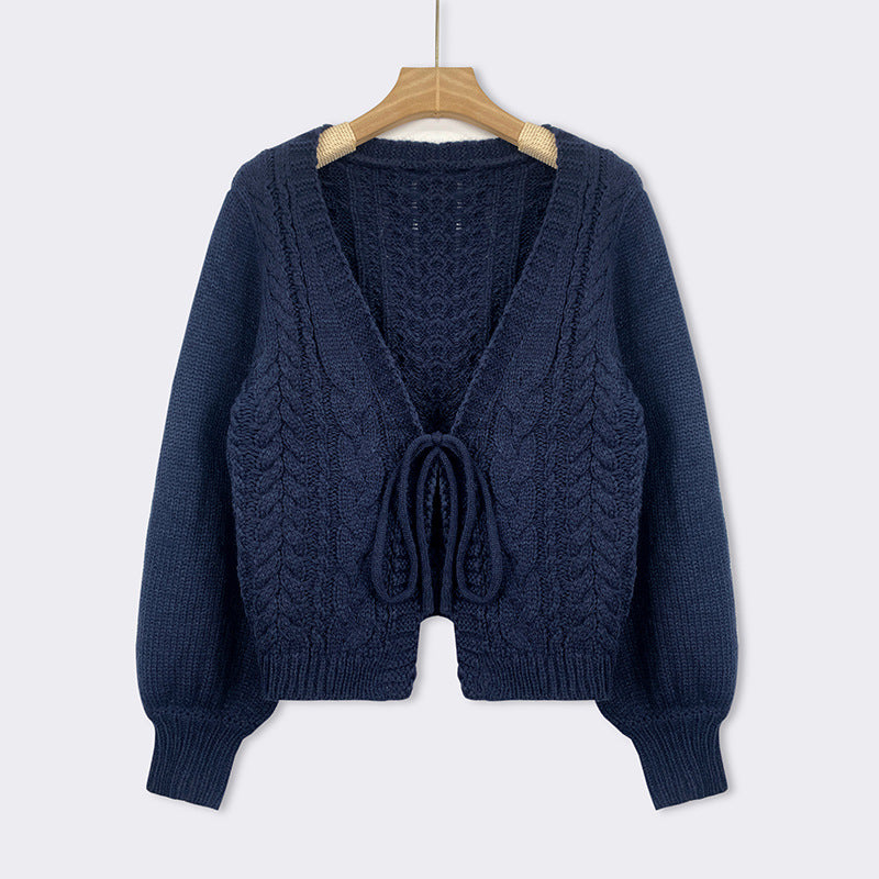 Cozy Vintage Chunky Tie-Front Cardigan with Long Sleeves