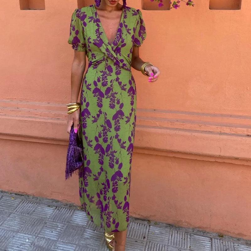 Elegant Long Printed Slim Fit Dress with V-Neck and Short Sleeves