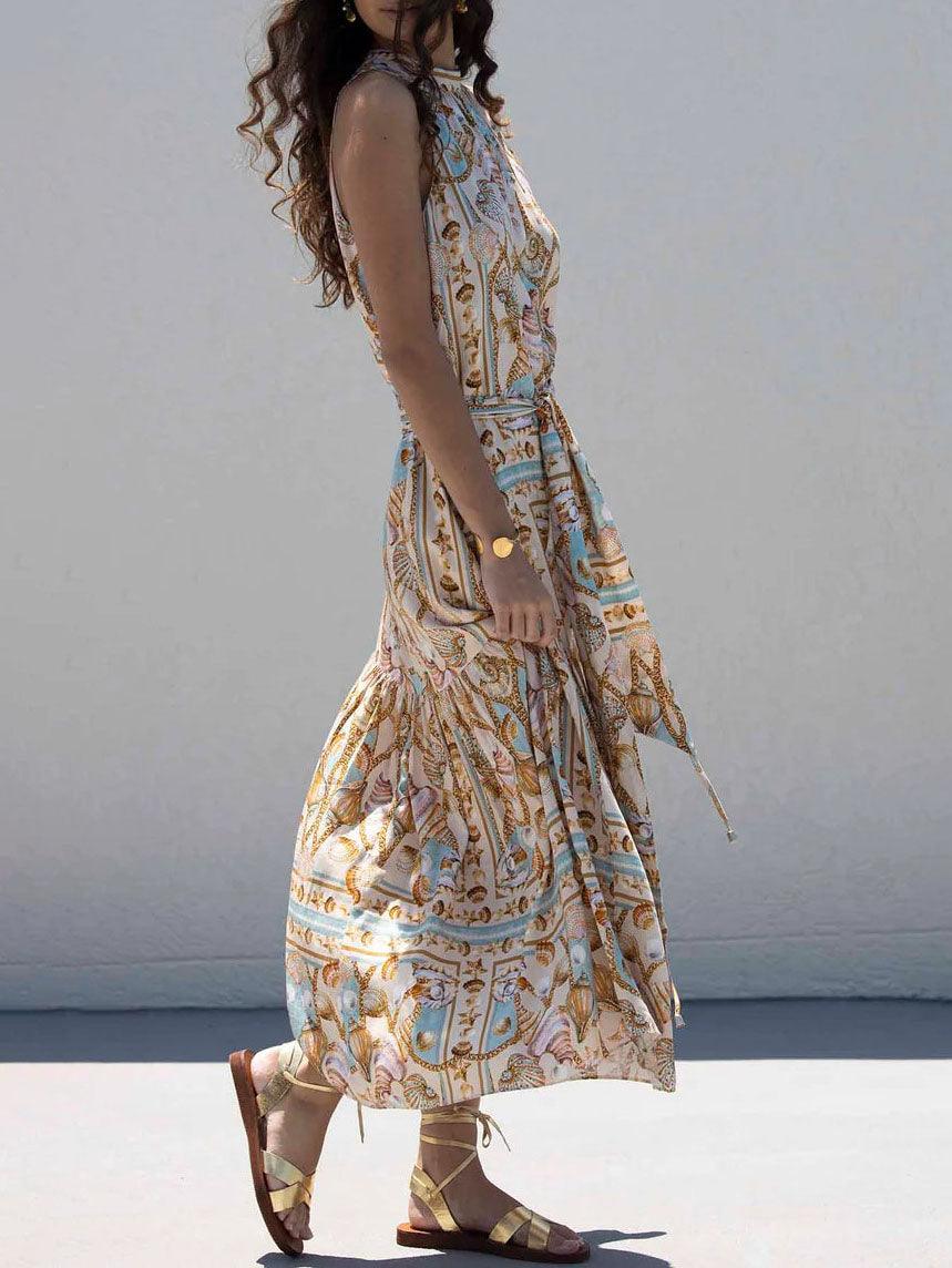 Elegant Satin Maxi Dress with Marine Treasure Pattern