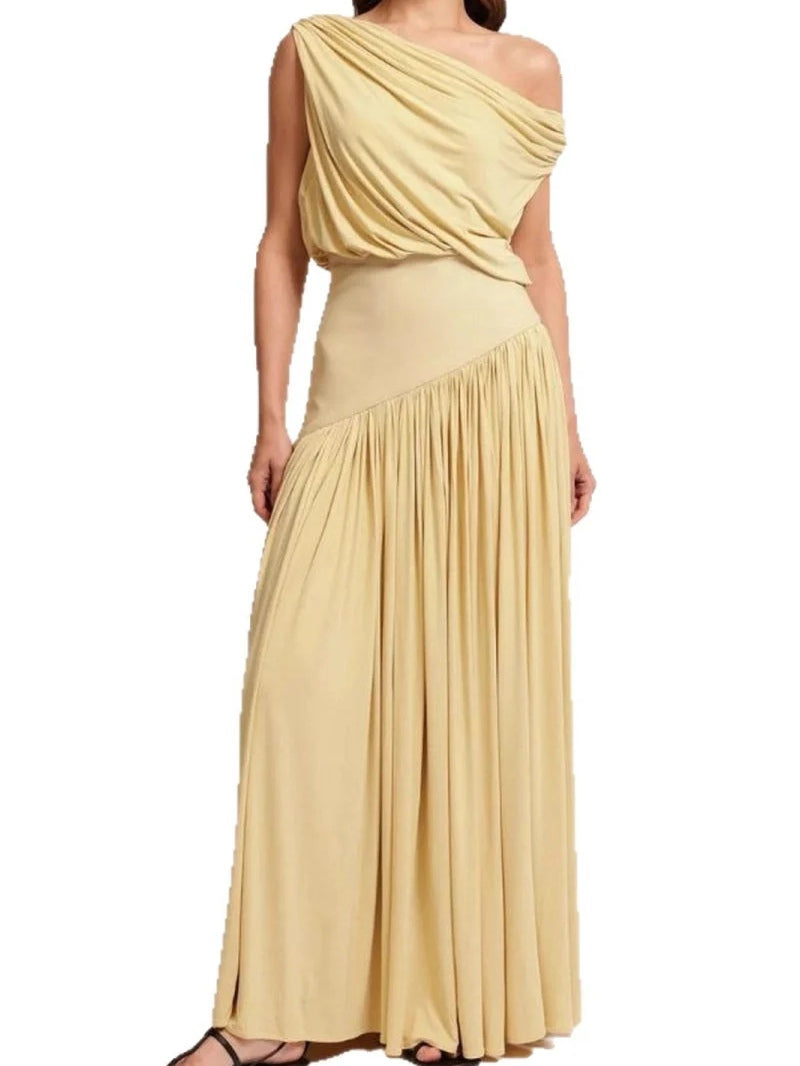 Elegant off-shoulder long dress with diagonal neckline