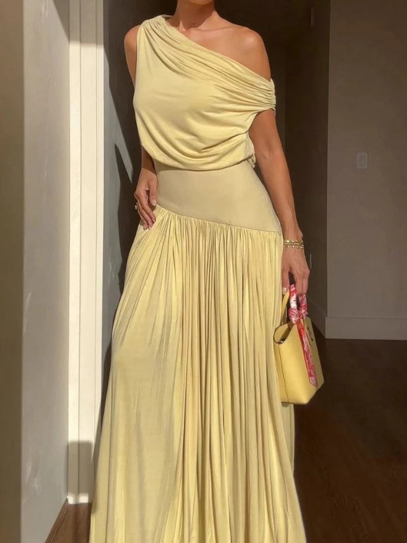 Elegant off-shoulder long dress with diagonal neckline