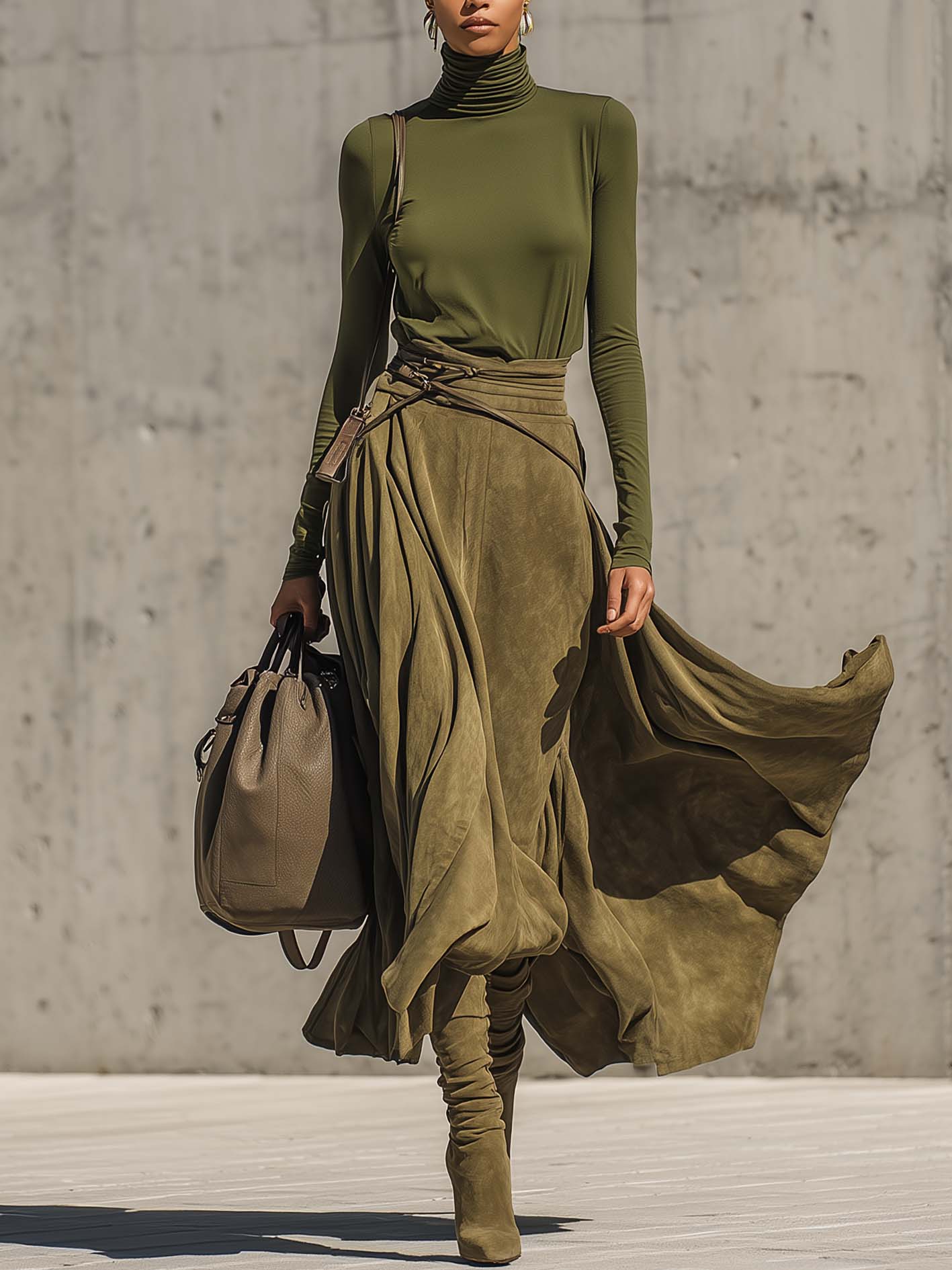 Olive Green Stretch Turtleneck Top & Faux Suede Maxi Skirt Set (Includes Belt)