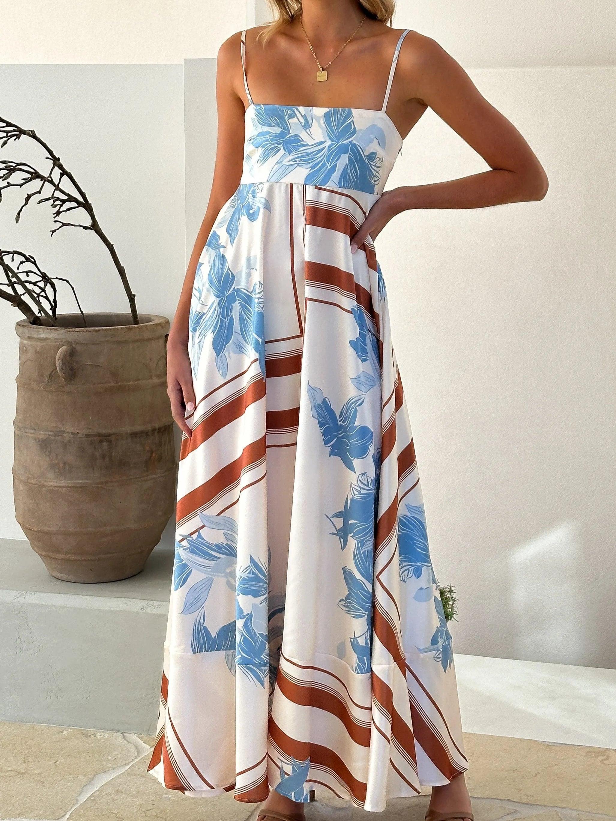 Long floral dress with contrasting patterns for an elegant and trendy look