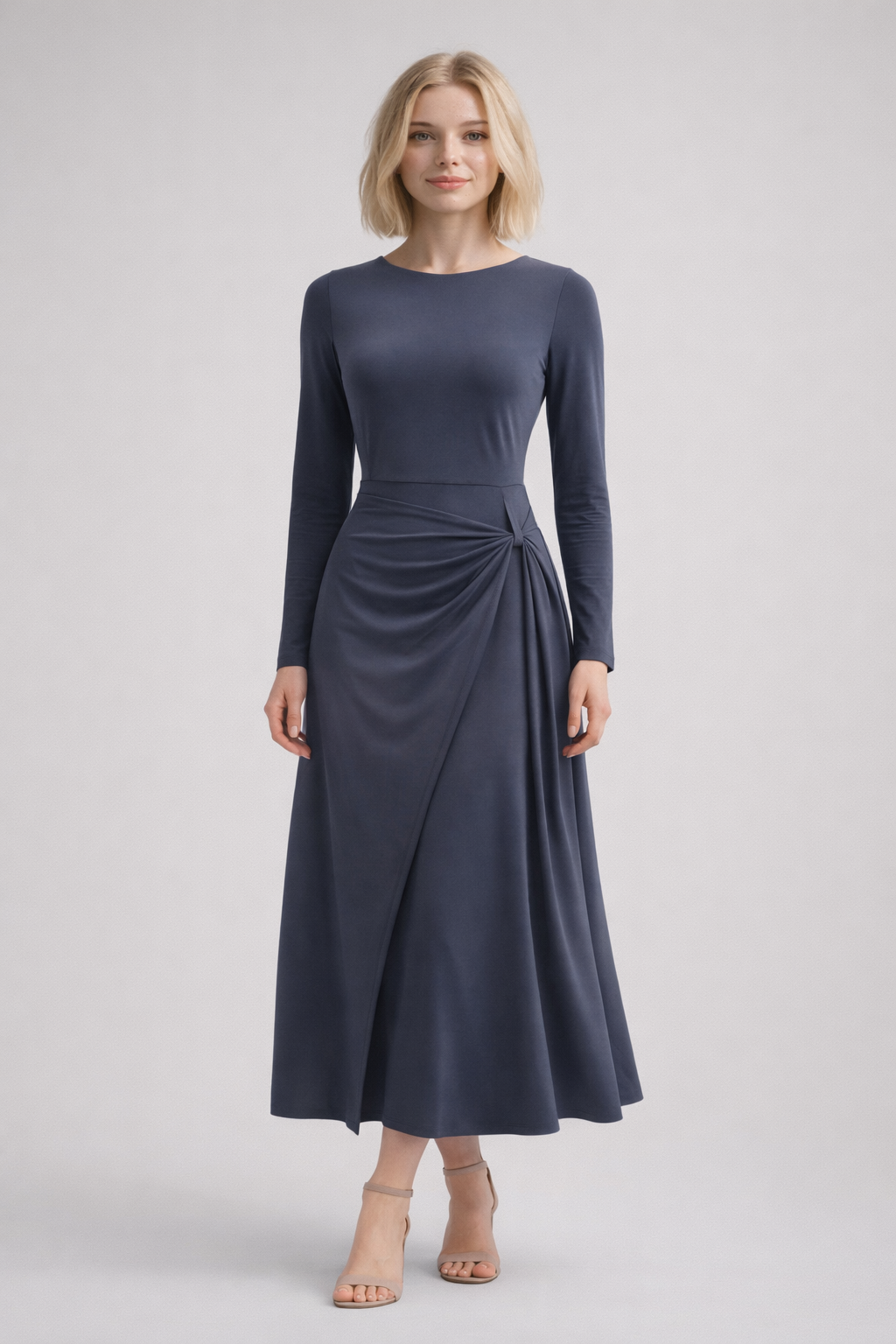 Elegant Stretch Polyester Cotton Blend Turtleneck Draped Maxi Dress