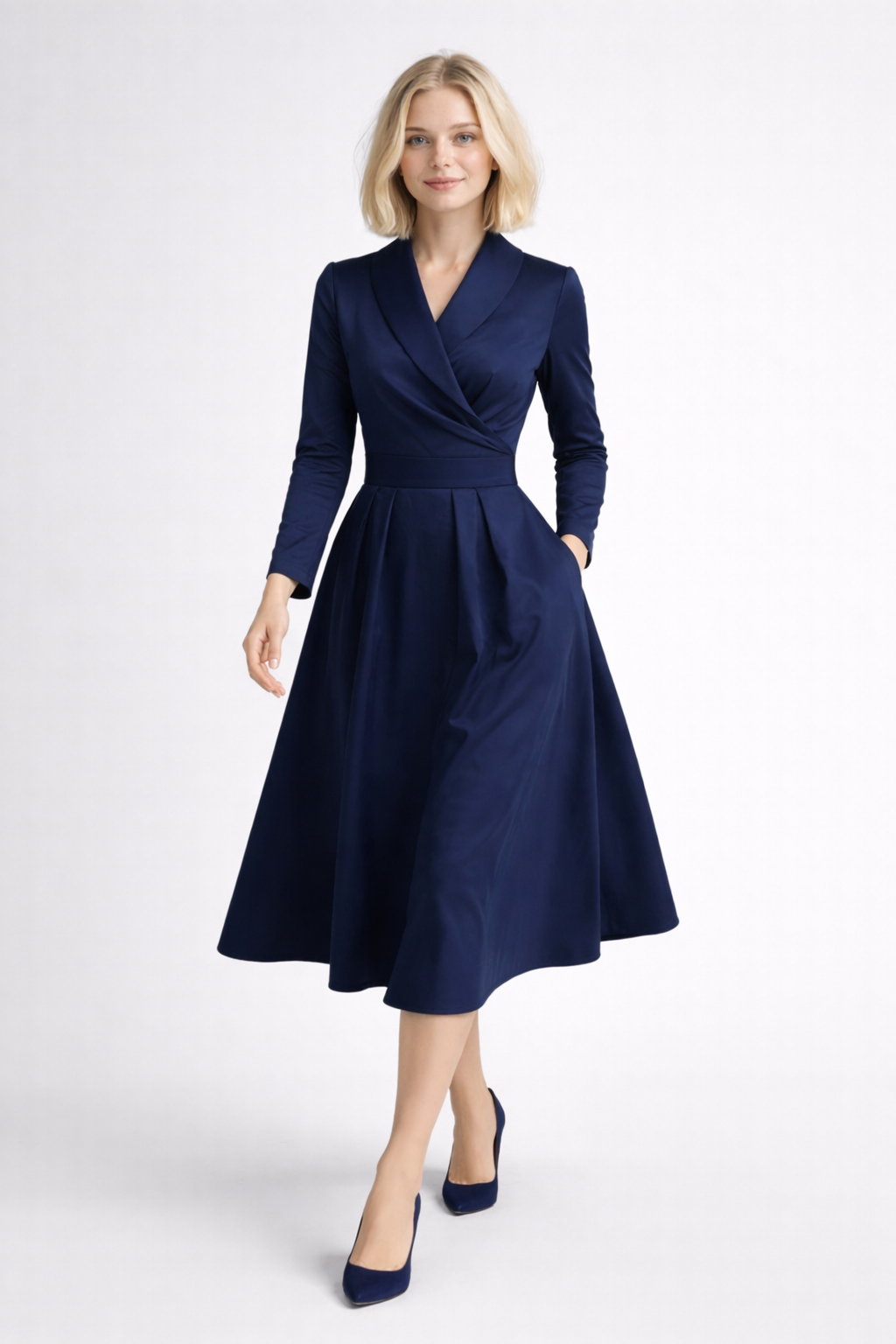 Elegant navy blue long dress with V-neck